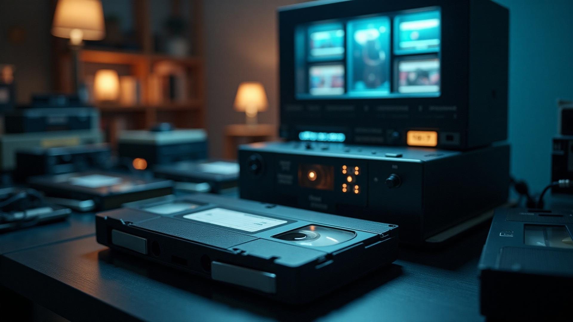 קלטת VHS ומכשיר וידאו על שולחן העבודה
